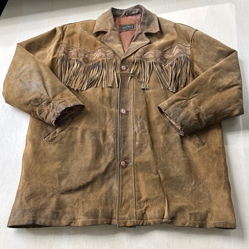 High Noon Coat Mens XLT Brown Suede Fringe Western Button Lined Cowboy Overcoat